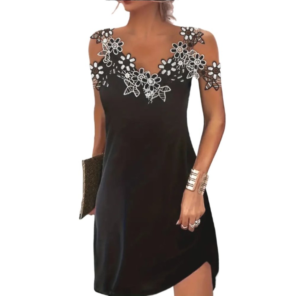 Floral Embroidered Midi Dress Womens Large Black Casual Party Summer Dress - Picture 5 of 5